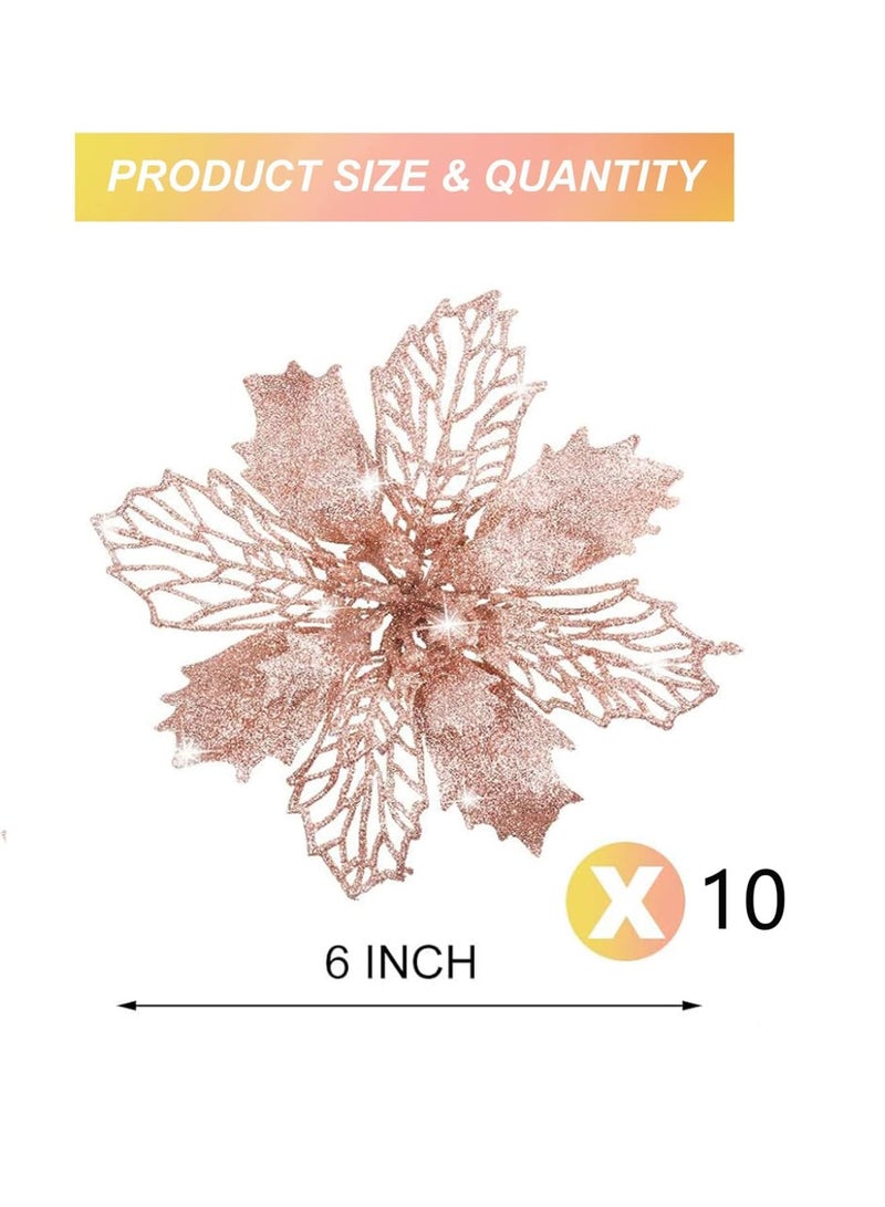 SYOSI 10 Pack Rose Gold Glitter Poinsettia Flowers Tree Ornaments for Christmas Decoration - Image 5